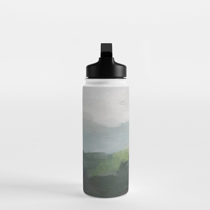 Temple of Flora - Dark Green Seafoam Teal Valley Horizon Gray Cloudy Skies Abstract Nature Painting Water Bottle Gallery Image 3