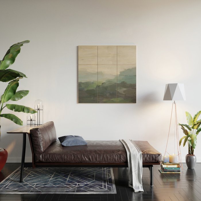 Temple of Flora - Dark Green Seafoam Teal Valley Horizon Gray Cloudy Skies Abstract Nature Painting Wood Wall Art Gallery Image 2