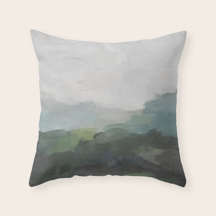 Temple of Flora - Dark Green Seafoam Teal Valley Horizon Gray Cloudy Skies Abstract Nature Painting Throw Pillow Gallery Image 6