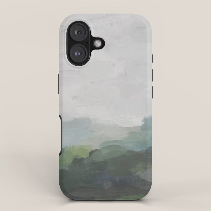 Temple of Flora - Dark Green Seafoam Teal Valley Horizon Gray Cloudy Skies Abstract Nature Painting iPhone Case Gallery Image 1
