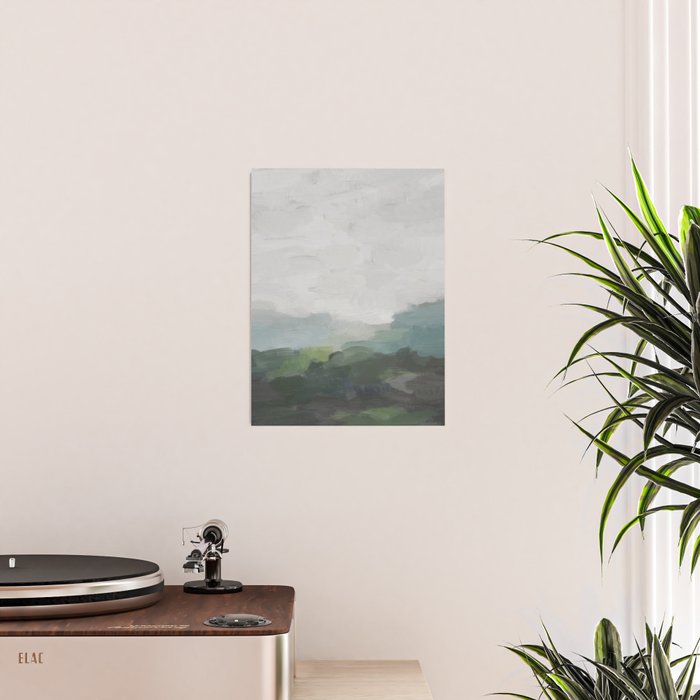 Temple of Flora - Dark Green Seafoam Teal Valley Horizon Gray Cloudy Skies Abstract Nature Painting Poster Gallery Image 2