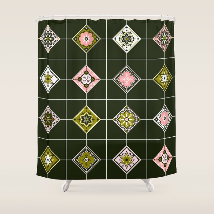 Talavera Mexican Tile - Blush & Sage Palette Shower Curtain Gallery Image 1