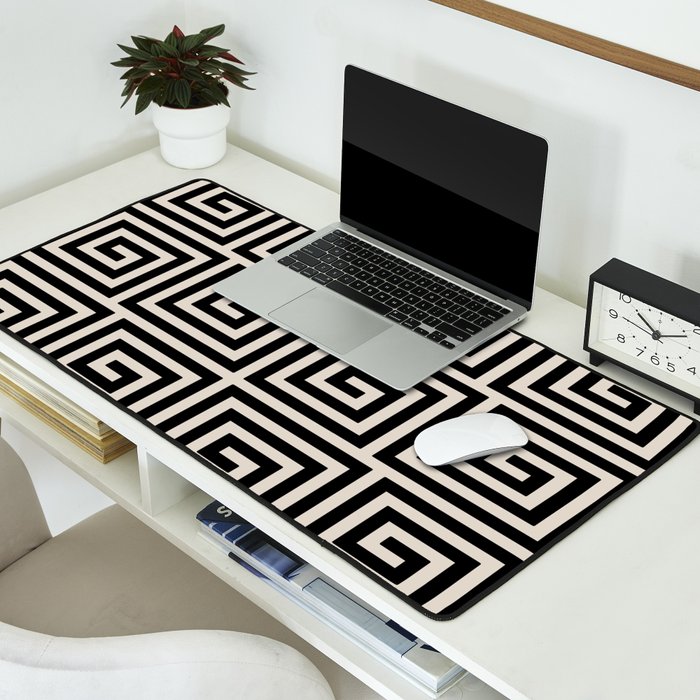 Greek Key Pattern 123 Black and Linen White Desk Mat Gallery Image 2