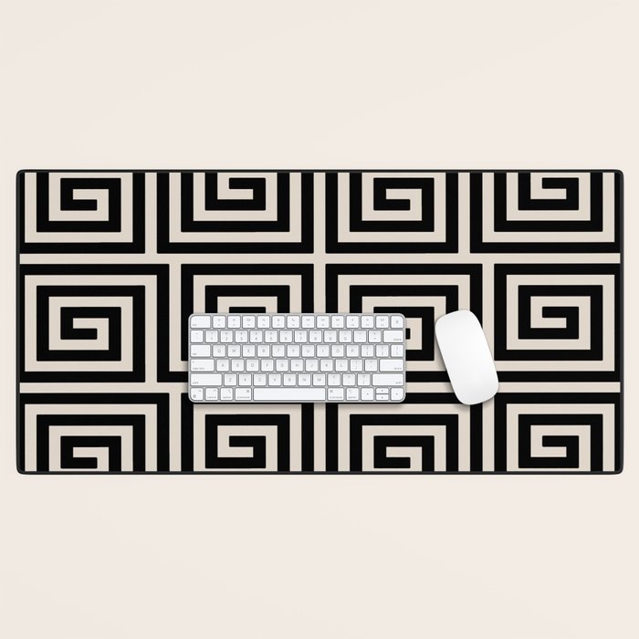 Greek Key Pattern 123 Black and Linen White Desk Mat Gallery Image 1