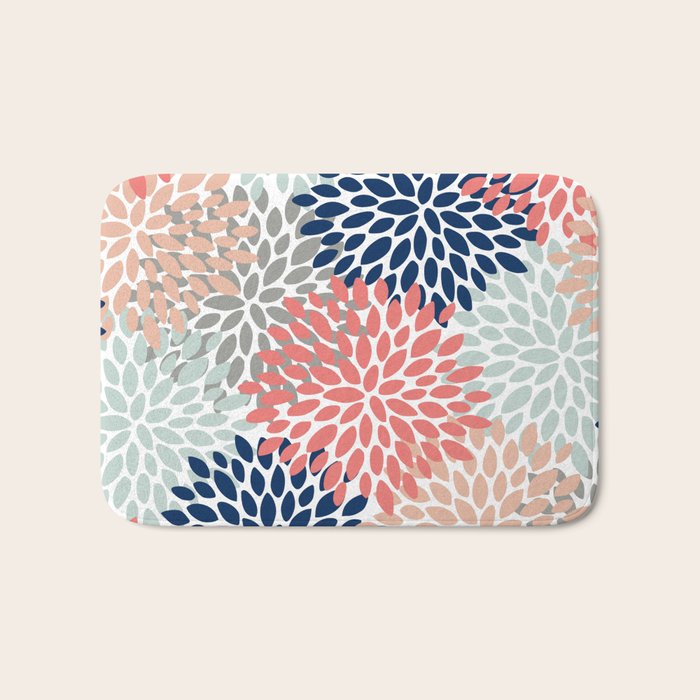 Floral Bloom Print, Living Coral, Pale Aqua Blue, Gray, Navy Bath Mat Gallery Image 1