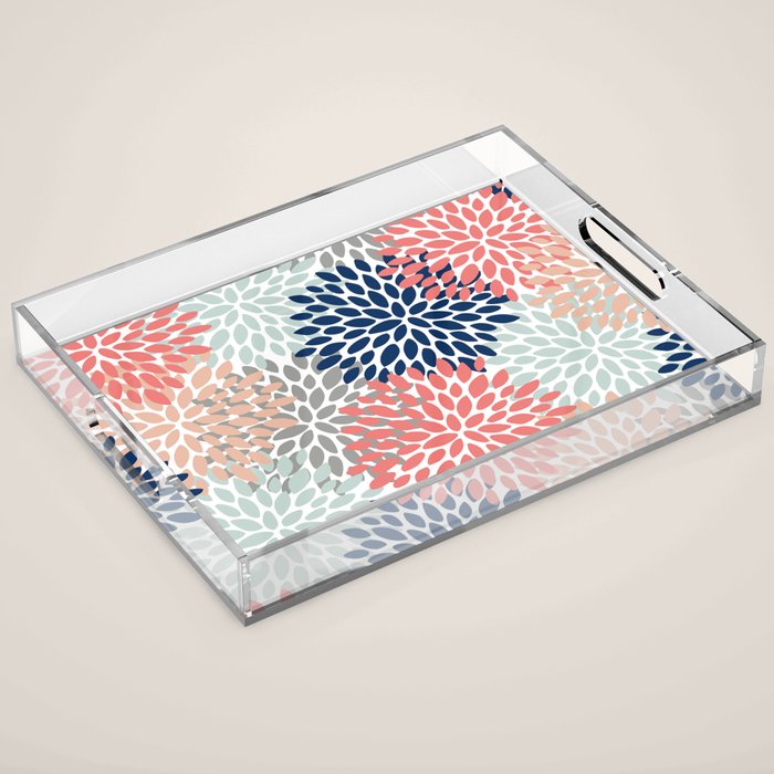 Floral Bloom Print, Living Coral, Pale Aqua Blue, Gray, Navy Acrylic Tray Gallery Image 1