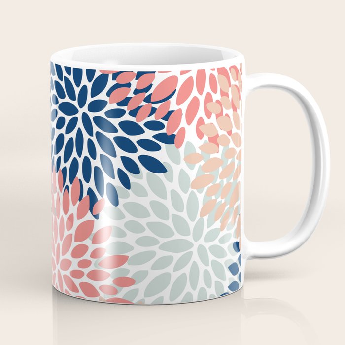 Floral Bloom Print, Living Coral, Pale Aqua Blue, Gray, Navy Coffee Mug Gallery Image 1