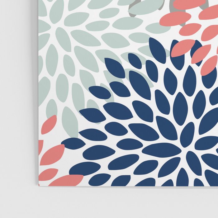 Floral Bloom Print, Living Coral, Pale Aqua Blue, Gray, Navy Poster Gallery Image 3
