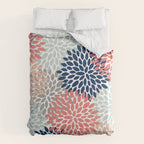 Floral Bloom Print, Living Coral, Pale Aqua Blue, Gray, Navy Comforter Gallery Image 6