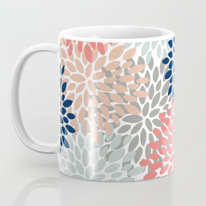Floral Bloom Print, Living Coral, Pale Aqua Blue, Gray, Navy Coffee Mug Gallery Image 3