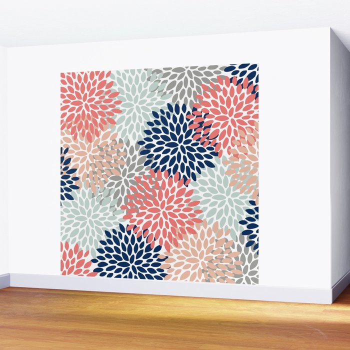 Floral Bloom Print, Living Coral, Pale Aqua Blue, Gray, Navy Wall Mural Gallery Image 2