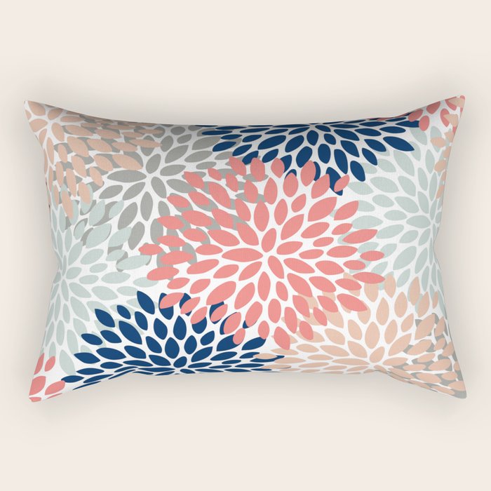 Floral Bloom Print, Living Coral, Pale Aqua Blue, Gray, Navy Rectangular Pillow Gallery Image 1