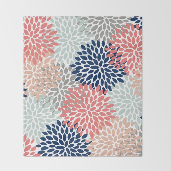 Floral Bloom Print, Living Coral, Pale Aqua Blue, Gray, Navy Throw Blanket Gallery Image 2