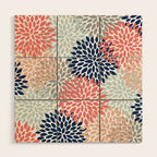 Floral Bloom Print, Living Coral, Pale Aqua Blue, Gray, Navy Wood Wall Art Gallery Image 1