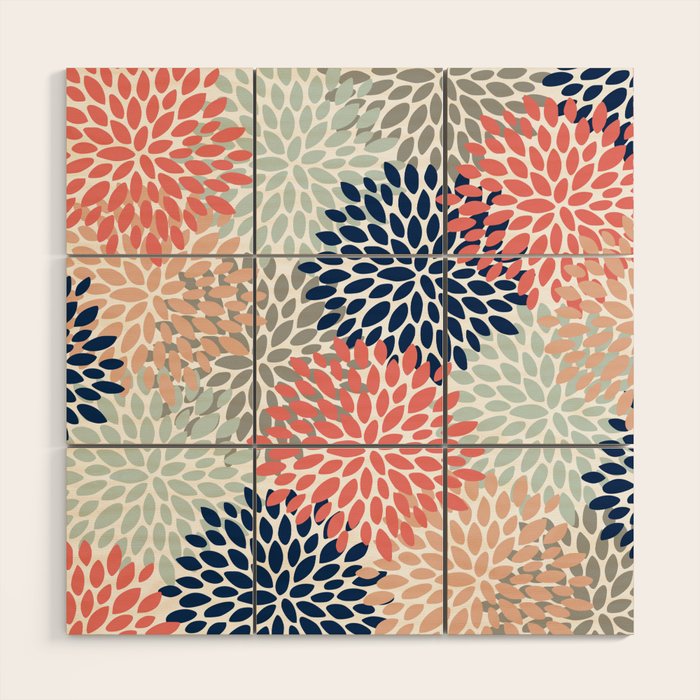 Floral Bloom Print, Living Coral, Pale Aqua Blue, Gray, Navy Wood Wall Art Gallery Image 1