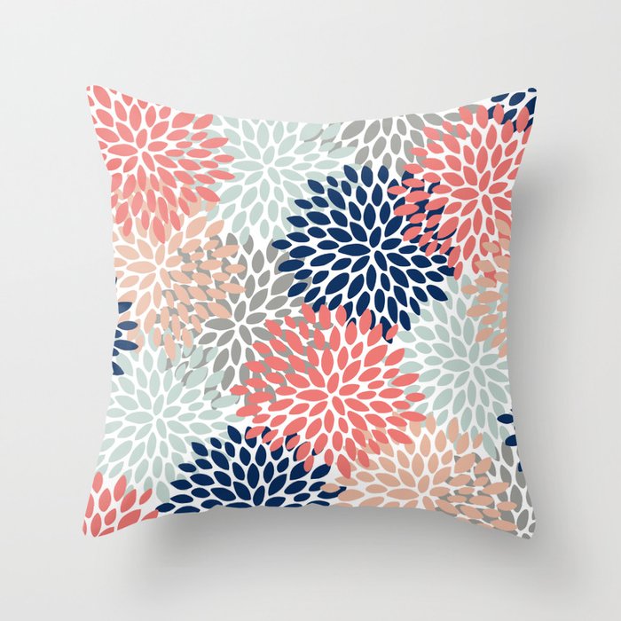 Floral Bloom Print, Living Coral, Pale Aqua Blue, Gray, Navy Throw Pillow Gallery Image 6