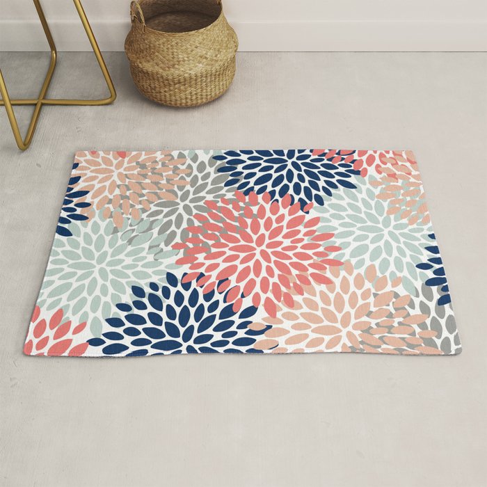 Floral Bloom Print, Living Coral, Pale Aqua Blue, Gray, Navy Rug Gallery Image 1