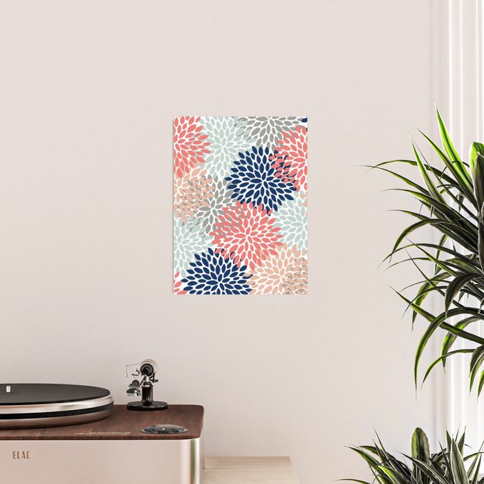 Floral Bloom Print, Living Coral, Pale Aqua Blue, Gray, Navy Poster Gallery Image 2