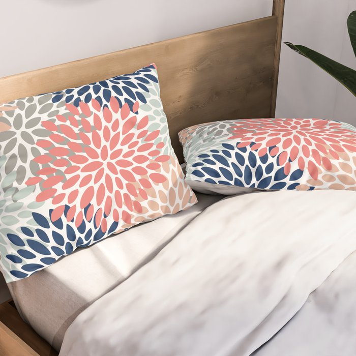 Floral Bloom Print, Living Coral, Pale Aqua Blue, Gray, Navy Pillow Sham Gallery Image 2