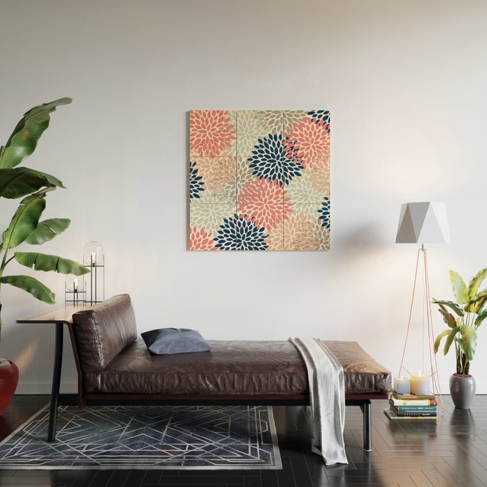 Floral Bloom Print, Living Coral, Pale Aqua Blue, Gray, Navy Wood Wall Art Gallery Image 2