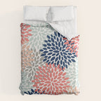 Floral Bloom Print, Living Coral, Pale Aqua Blue, Gray, Navy Duvet Cover Gallery Image 6