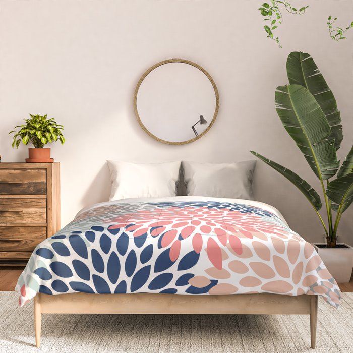 Floral Bloom Print, Living Coral, Pale Aqua Blue, Gray, Navy Comforter Gallery Image 3