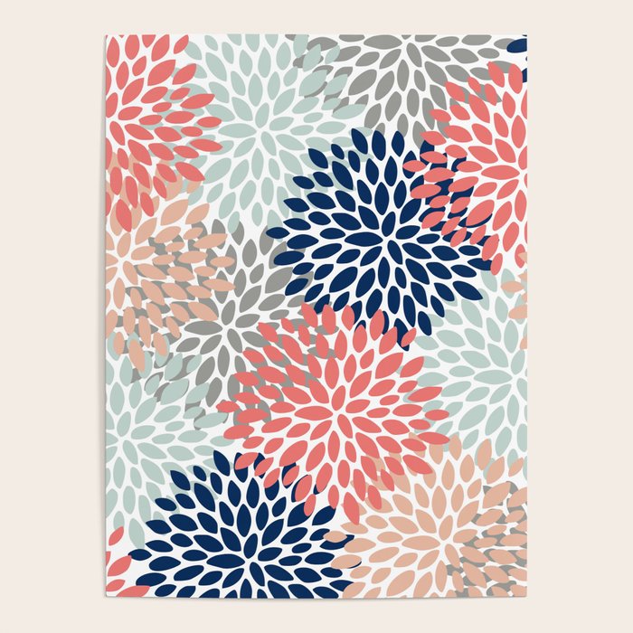 Floral Bloom Print, Living Coral, Pale Aqua Blue, Gray, Navy Poster Gallery Image 1