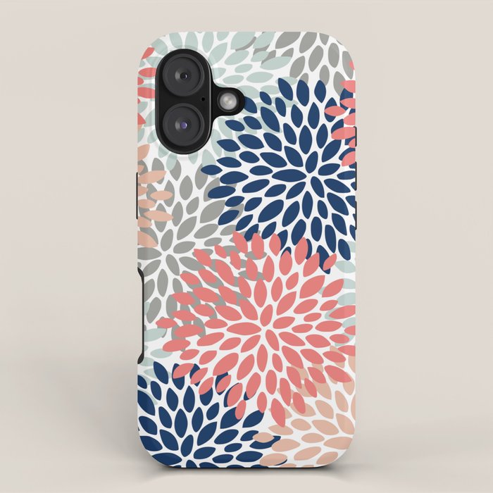 Floral Bloom Print, Living Coral, Pale Aqua Blue, Gray, Navy iPhone Case Gallery Image 1