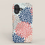 Floral Bloom Print, Living Coral, Pale Aqua Blue, Gray, Navy iPhone Case Gallery Image 1