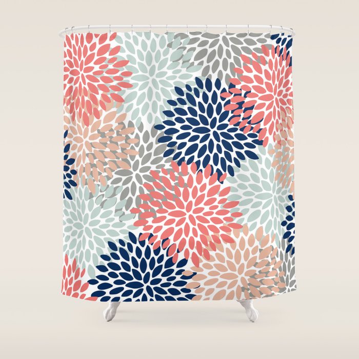 Floral Bloom Print, Living Coral, Pale Aqua Blue, Gray, Navy Shower Curtain Gallery Image 1