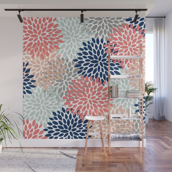 Floral Bloom Print, Living Coral, Pale Aqua Blue, Gray, Navy Wall Mural Gallery Image 1