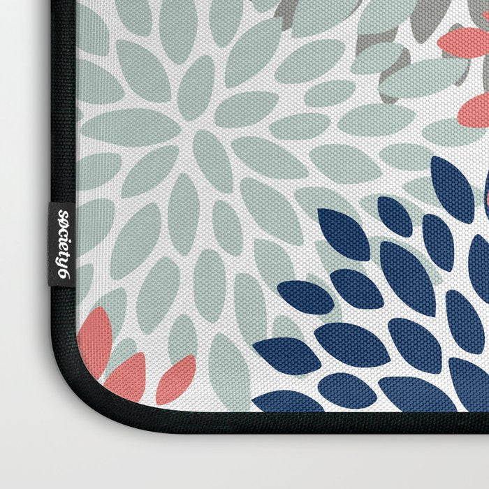 Floral Bloom Print, Living Coral, Pale Aqua Blue, Gray, Navy Laptop Sleeve Gallery Image 3