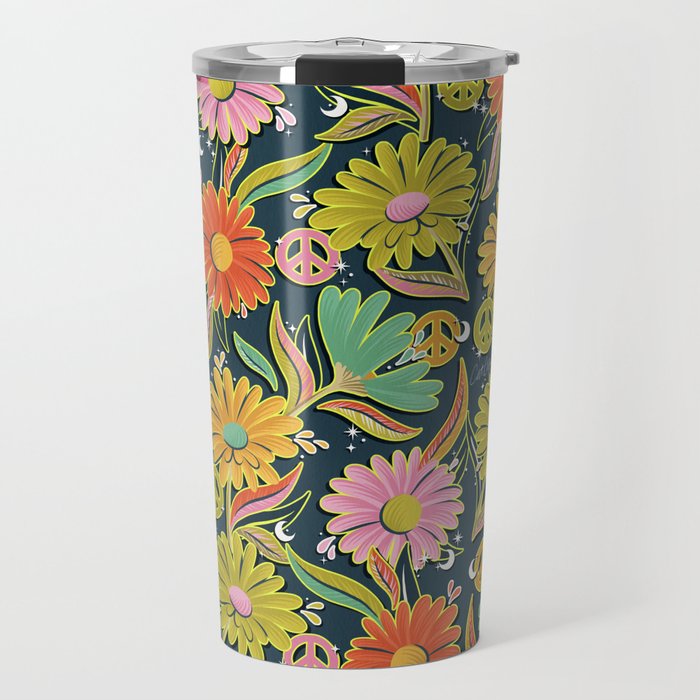 Drippy Daisy Dreamscape - Electric on Navy Travel Mug Gallery Image 1