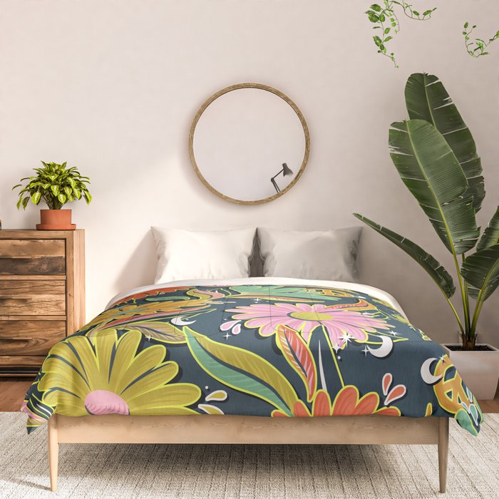 Drippy Daisy Dreamscape - Electric on Navy Comforter Gallery Image 3