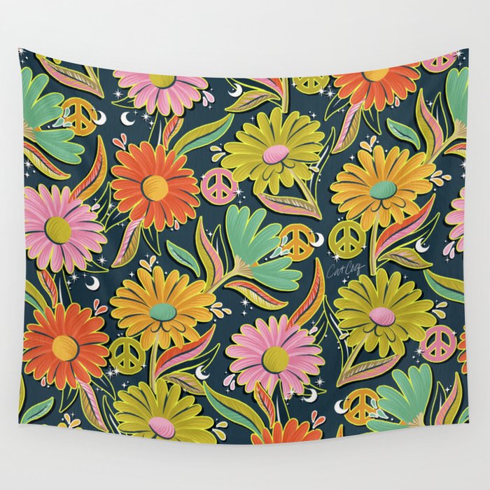 Drippy Daisy Dreamscape - Electric on Navy Wall Tapestry Gallery Image 4