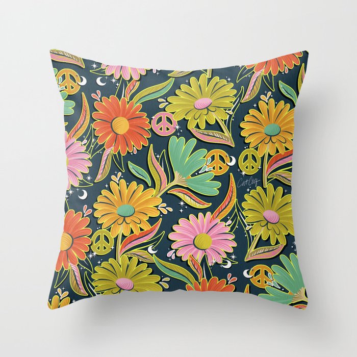 Drippy Daisy Dreamscape - Electric on Navy Throw Pillow Gallery Image 1
