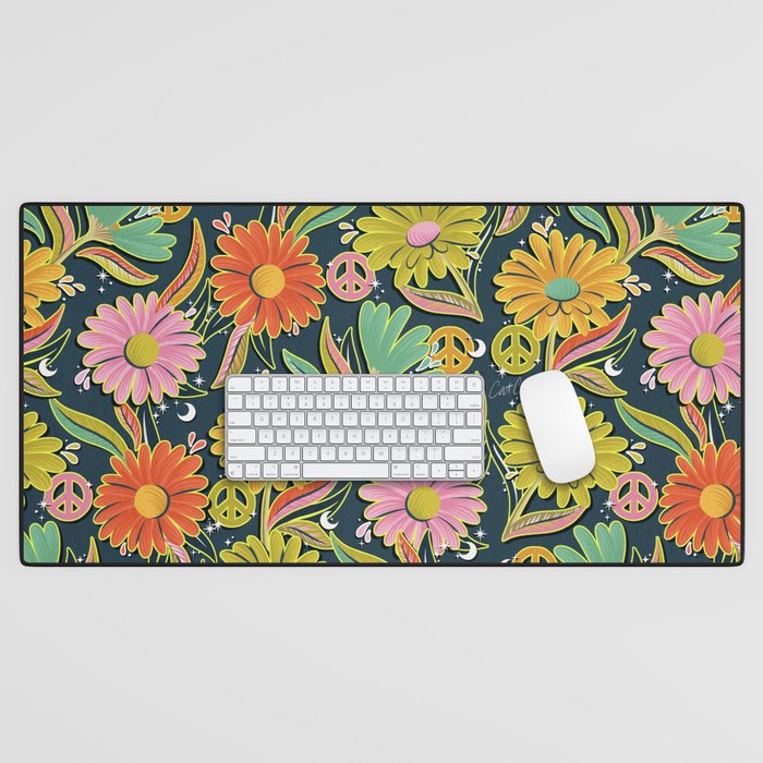 Drippy Daisy Dreamscape - Electric on Navy Desk Mat Gallery Image 1
