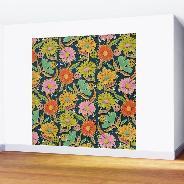 Drippy Daisy Dreamscape - Electric on Navy Wall Mural Gallery Image 2
