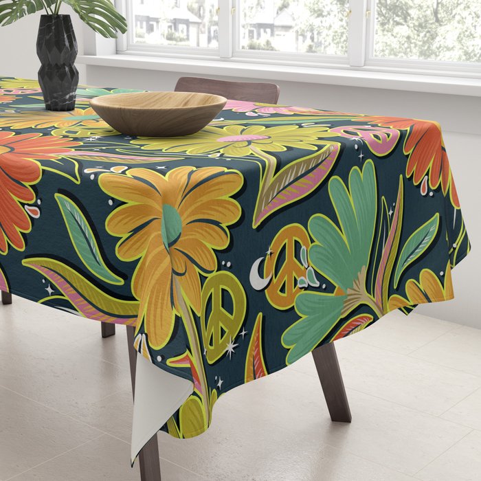 Drippy Daisy Dreamscape - Electric on Navy Tablecloth Gallery Image 3