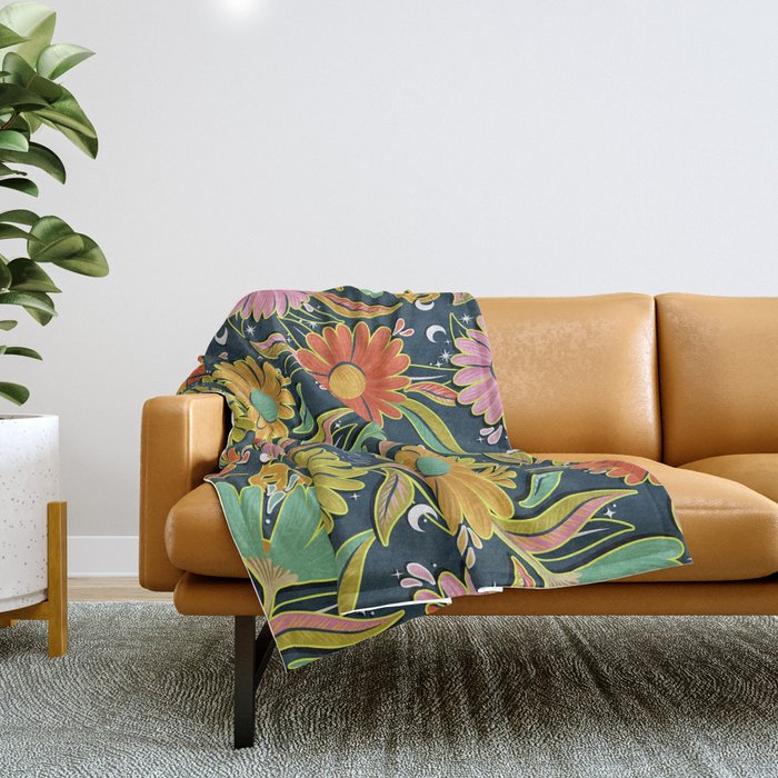 Drippy Daisy Dreamscape - Electric on Navy Throw Blanket Gallery Image 1