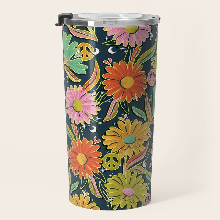 Drippy Daisy Dreamscape - Electric on Navy Travel Mug Gallery Image 3