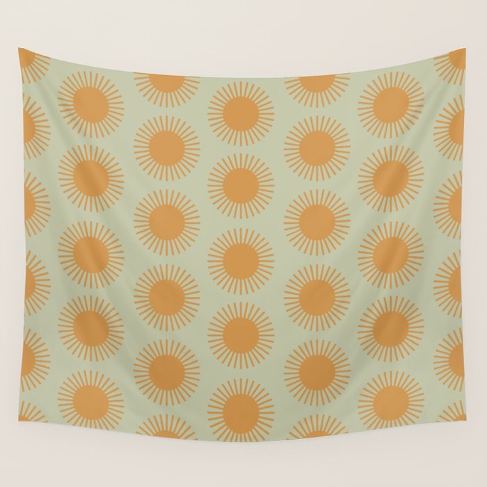 Boho Summer Sun Pattern VIII Sage and Orange Wall Tapestry Gallery Image 4