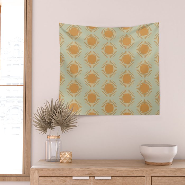 Boho Summer Sun Pattern VIII Sage and Orange Wall Tapestry Gallery Image 2
