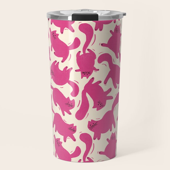 Playful Pink Cats Pattern Travel Mug Gallery Image 1