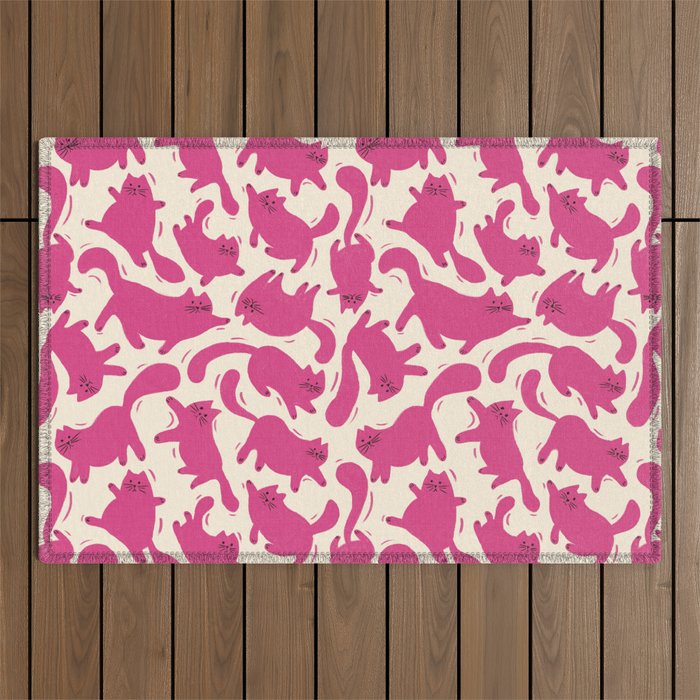 Playful Pink Cats Pattern Outdoor Rug Gallery Image 1