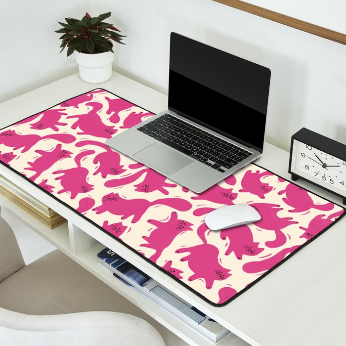 Playful Pink Cats Pattern Desk Mat Gallery Image 2