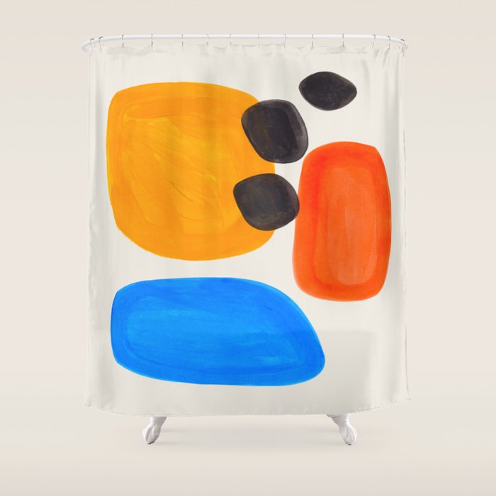 Minimalist Modern Mid Century Colorful Abstract Shapes Primary Colors Yellow Orange Blue Bubbles Shower Curtain Gallery Image 1
