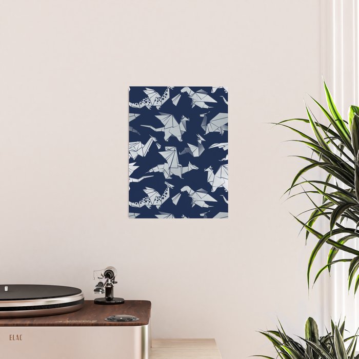 Origami metallic dragon friends // oxford navy blue background metal silver fantasy animals Poster Gallery Image 2
