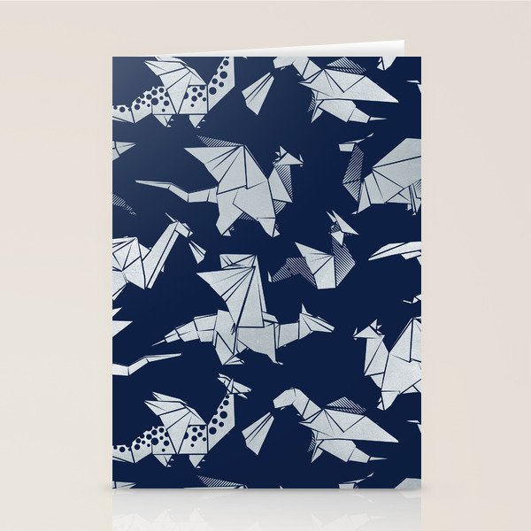 Origami metallic dragon friends // oxford navy blue background metal silver fantasy animals Stationery Card Gallery Image 1