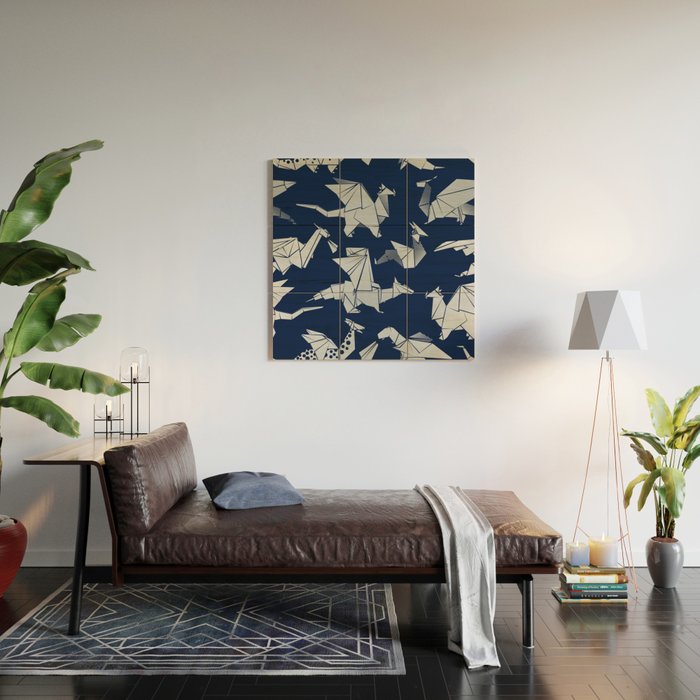 Origami metallic dragon friends // oxford navy blue background metal silver fantasy animals Wood Wall Art Gallery Image 2